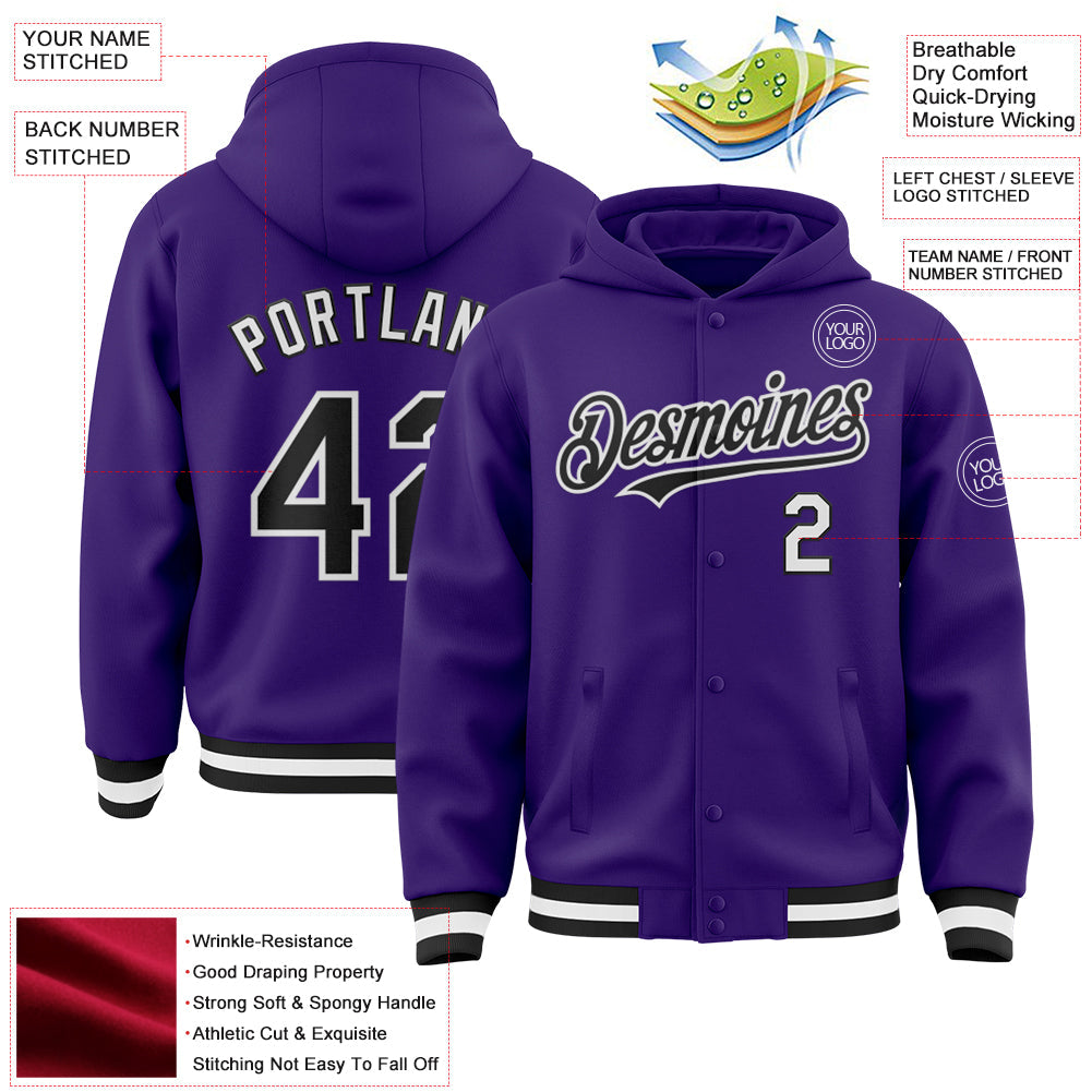 Custom Purple Black-White Bomber Full-Snap Varsity Letterman Hoodie Jacket view 3