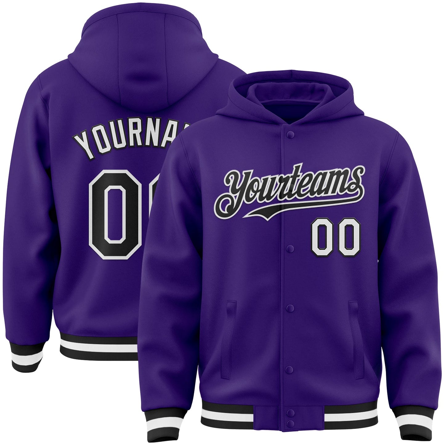 Custom Purple Black-White Bomber Full-Snap Varsity Letterman Hoodie Jacket - Main View