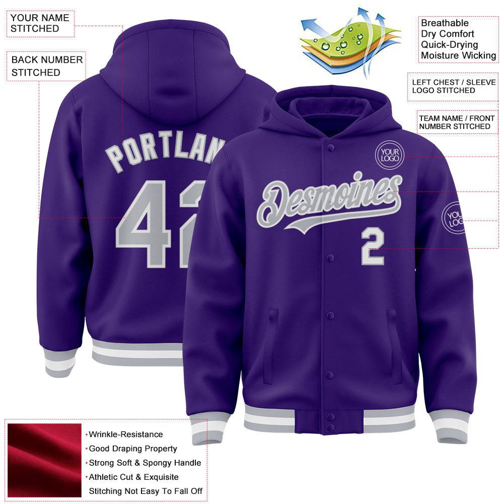 Custom Purple Gray-White Bomber Full-Snap Varsity Letterman Hoodie Jacket view 3