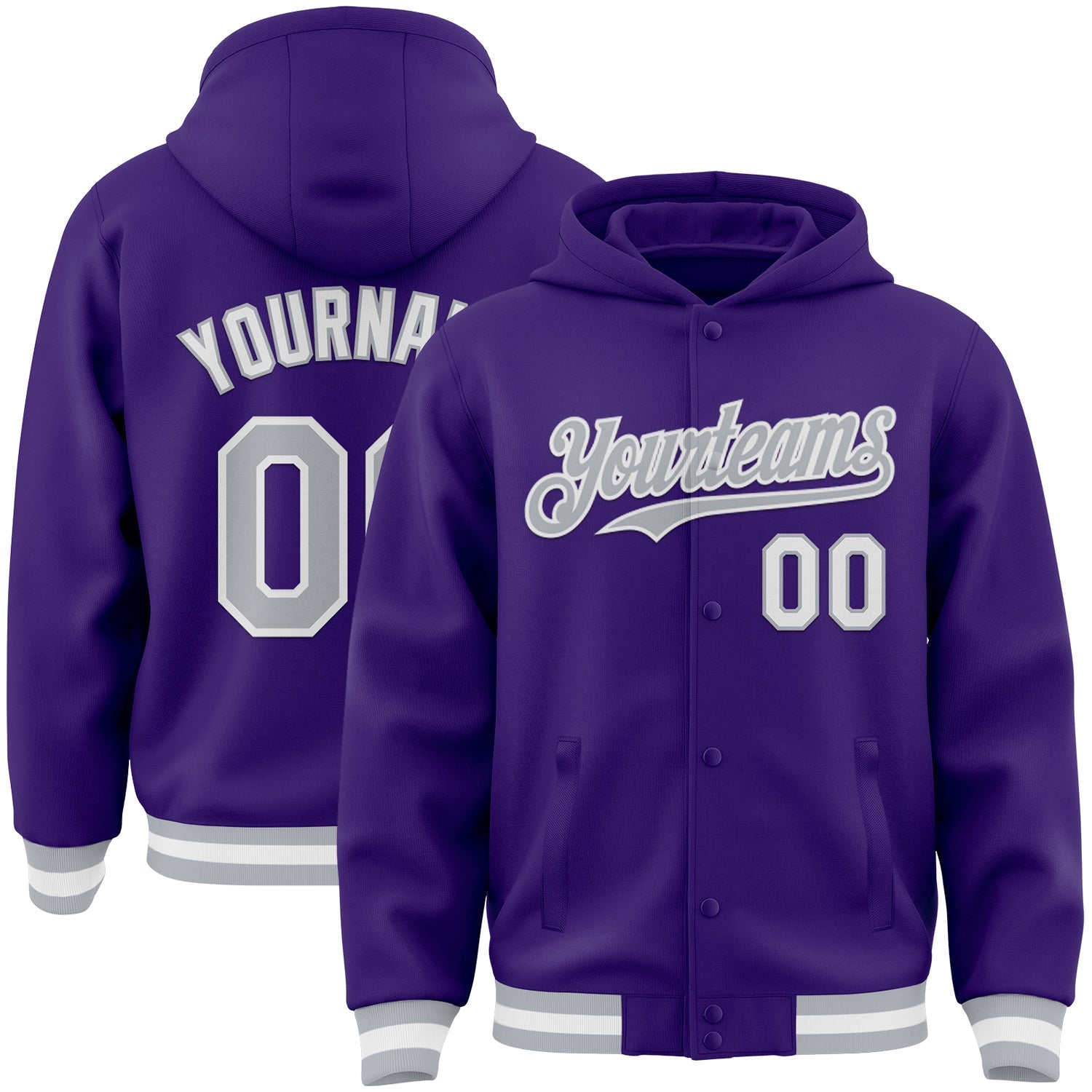 Custom Purple Gray-White Bomber Full-Snap Varsity Letterman Hoodie Jacket - Main View