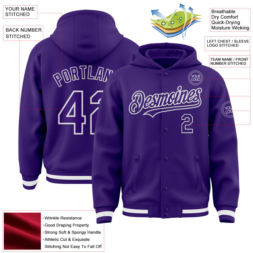 Custom Purple White Bomber Full-Snap Varsity Letterman Hoodie Jacket view 3