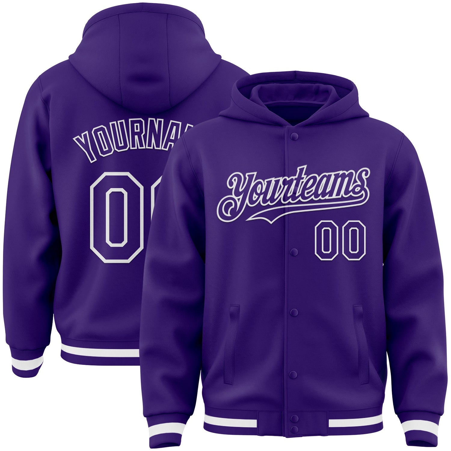 Custom Purple White Bomber Full-Snap Varsity Letterman Hoodie Jacket - Main View