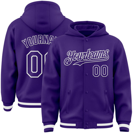 Custom Purple White Bomber Full-Snap Varsity Letterman Hoodie Jacket - Main View