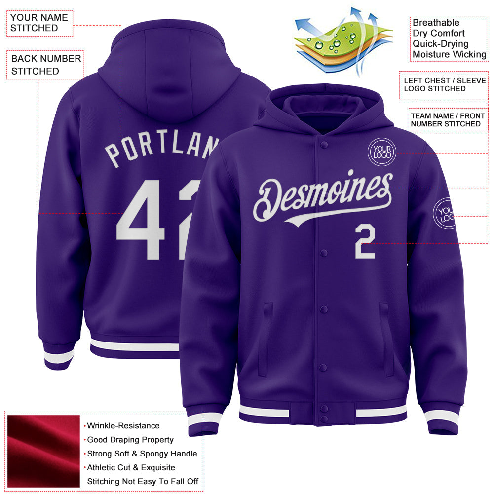 Custom Purple White Bomber Full-Snap Varsity Letterman Hoodie Jacket view 3