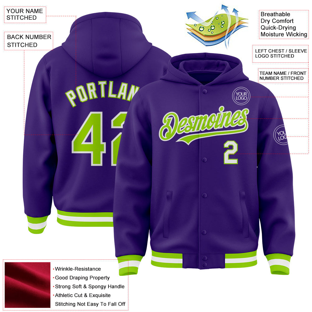 Custom Purple Neon Green-White Bomber Full-Snap Varsity Letterman Hoodie Jacket view 3
