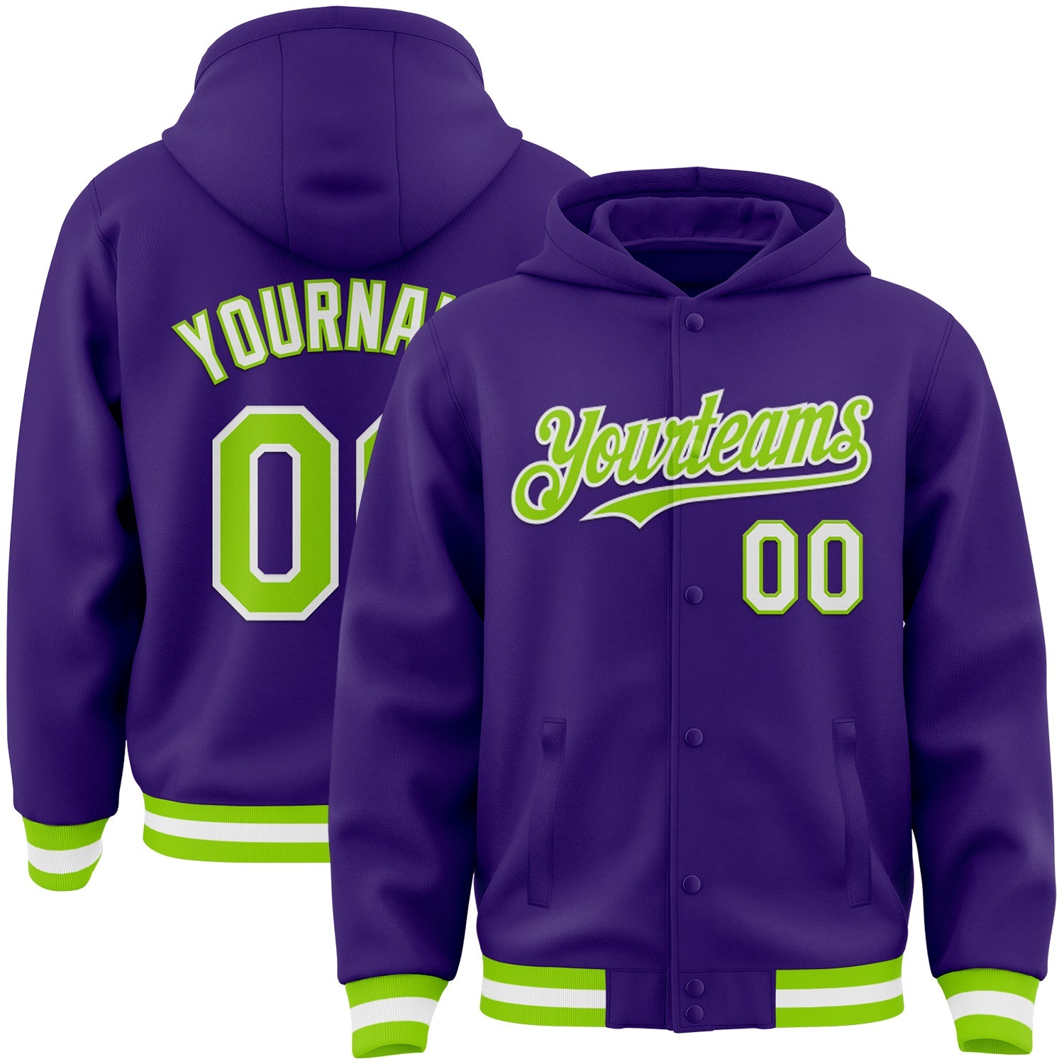 Custom Purple Neon Green-White Bomber Full-Snap Varsity Letterman Hoodie Jacket - Main View