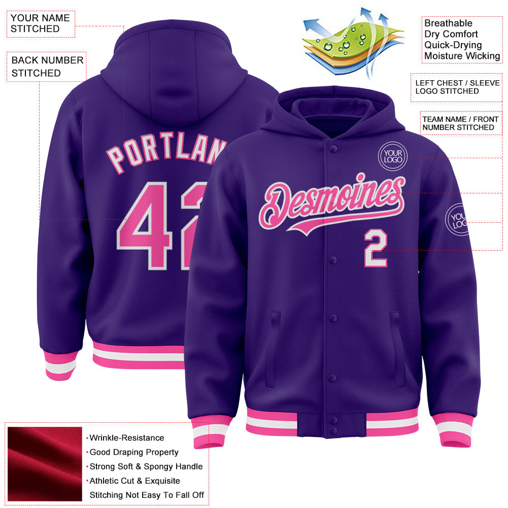 Custom Purple Pink-White Bomber Full-Snap Varsity Letterman Hoodie Jacket view 3