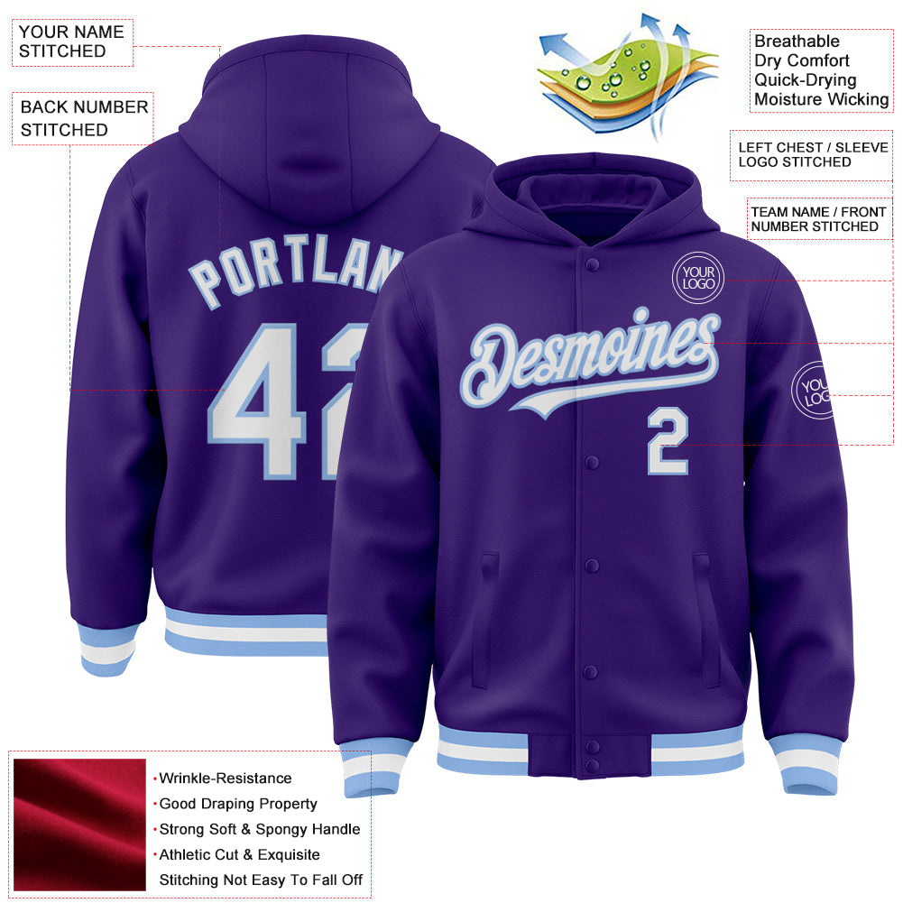 Custom Purple White-Light Blue Bomber Full-Snap Varsity Letterman Hoodie Jacket view 3