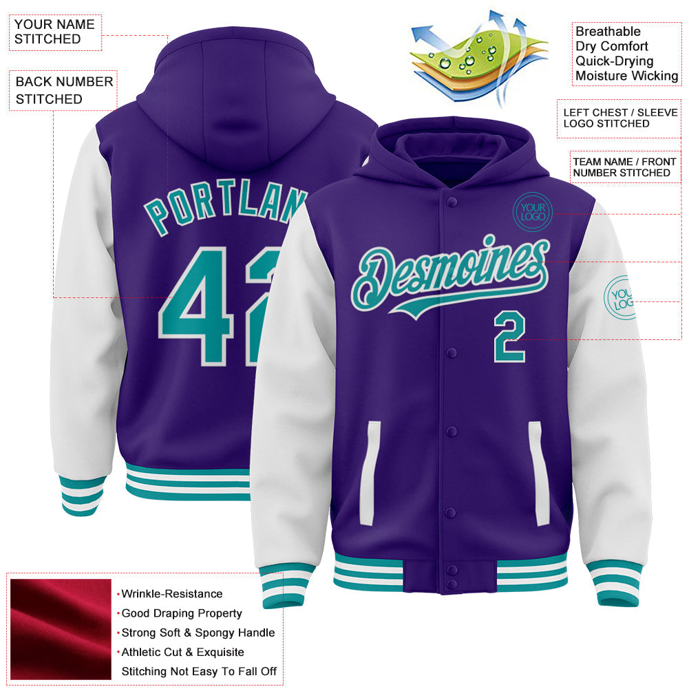 Custom Purple Teal-White Bomber Full-Snap Varsity Letterman Two Tone Hoodie Jacket view 3
