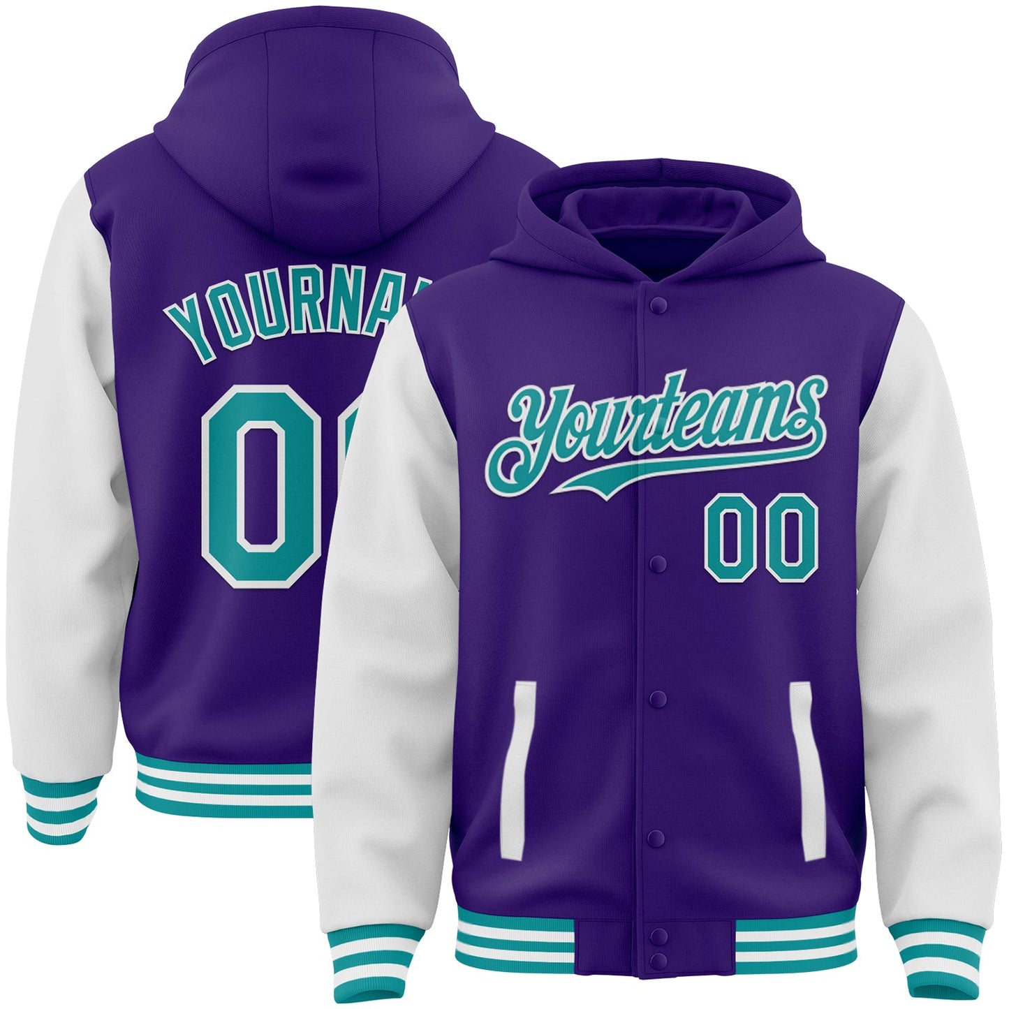Custom Purple Teal-White Bomber Full-Snap Varsity Letterman Two Tone Hoodie Jacket - Main View