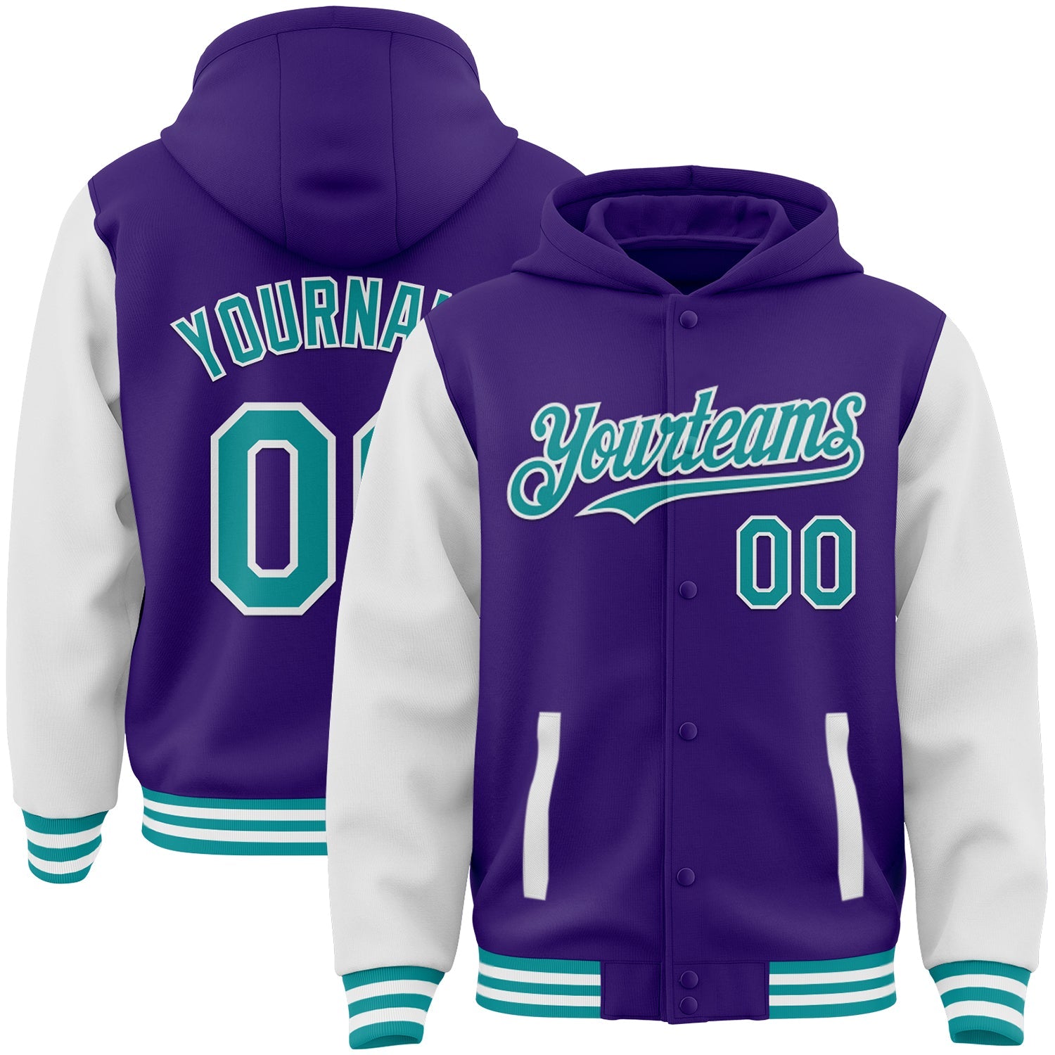 Custom Purple Teal-White Bomber Full-Snap Varsity Letterman Two Tone Hoodie Jacket - Main View