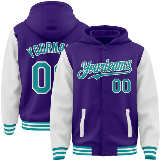 Custom Purple Teal-White Bomber Full-Snap Varsity Letterman Two Tone Hoodie Jacket - Main View
