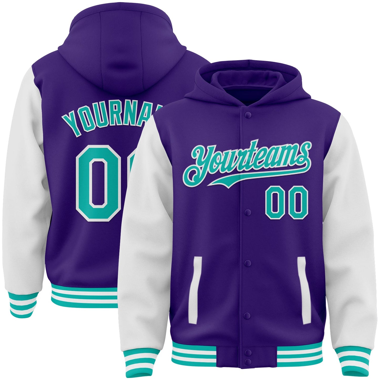 Custom Purple Aqua-White Bomber Full-Snap Varsity Letterman Two Tone Hoodie Jacket - Main View