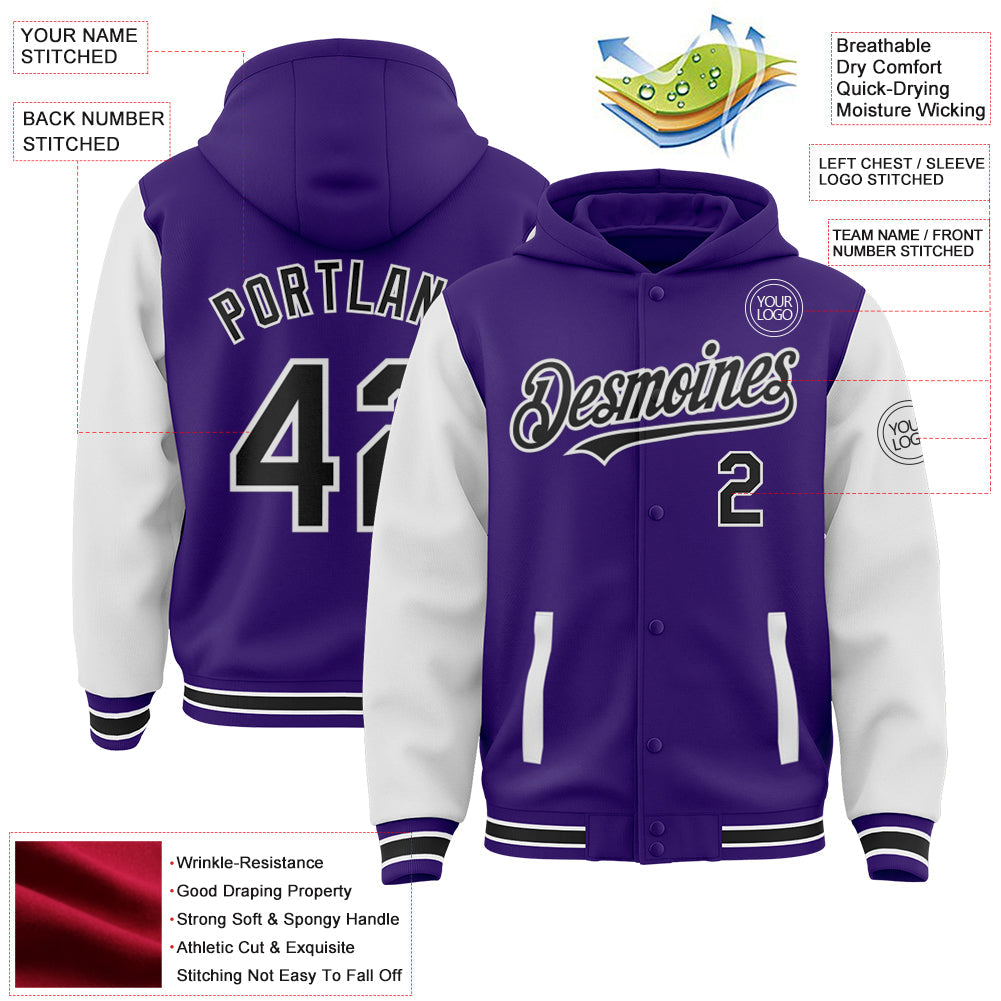 Custom Purple Black-White Bomber Full-Snap Varsity Letterman Two Tone Hoodie Jacket view 3