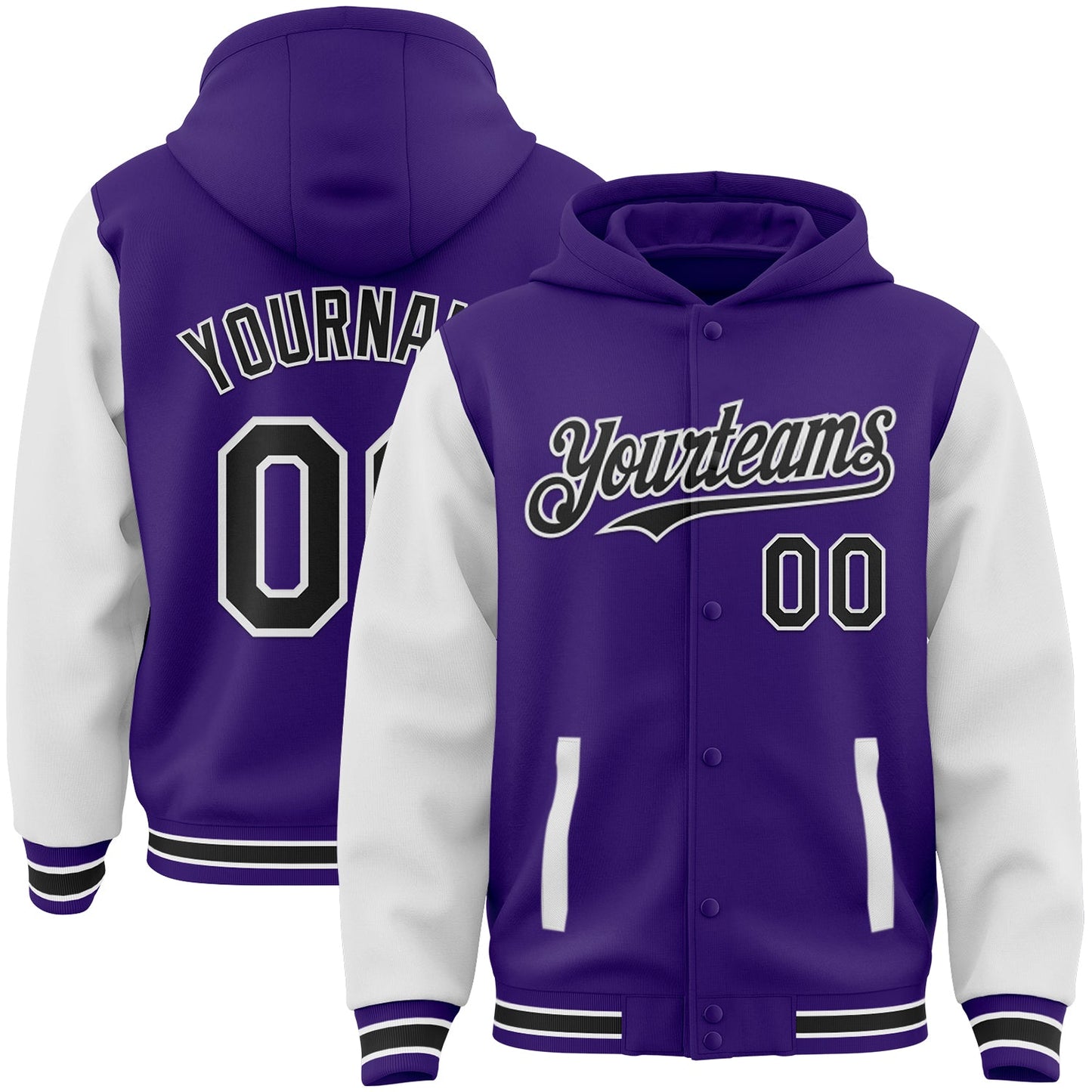 Custom Purple Black-White Bomber Full-Snap Varsity Letterman Two Tone Hoodie Jacket - Main View