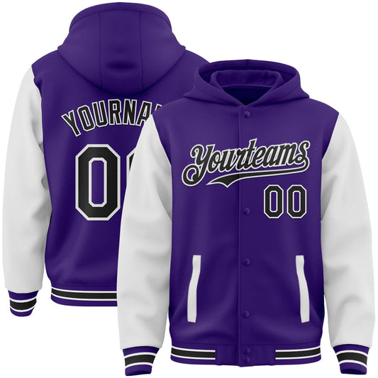 Custom Purple Black-White Bomber Full-Snap Varsity Letterman Two Tone Hoodie Jacket - Main View