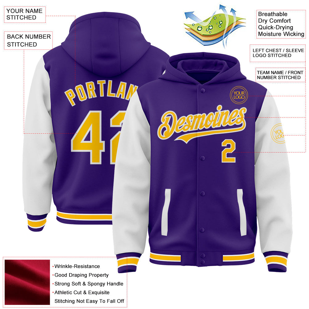 Custom Purple Gold-White Bomber Full-Snap Varsity Letterman Two Tone Hoodie Jacket view 3