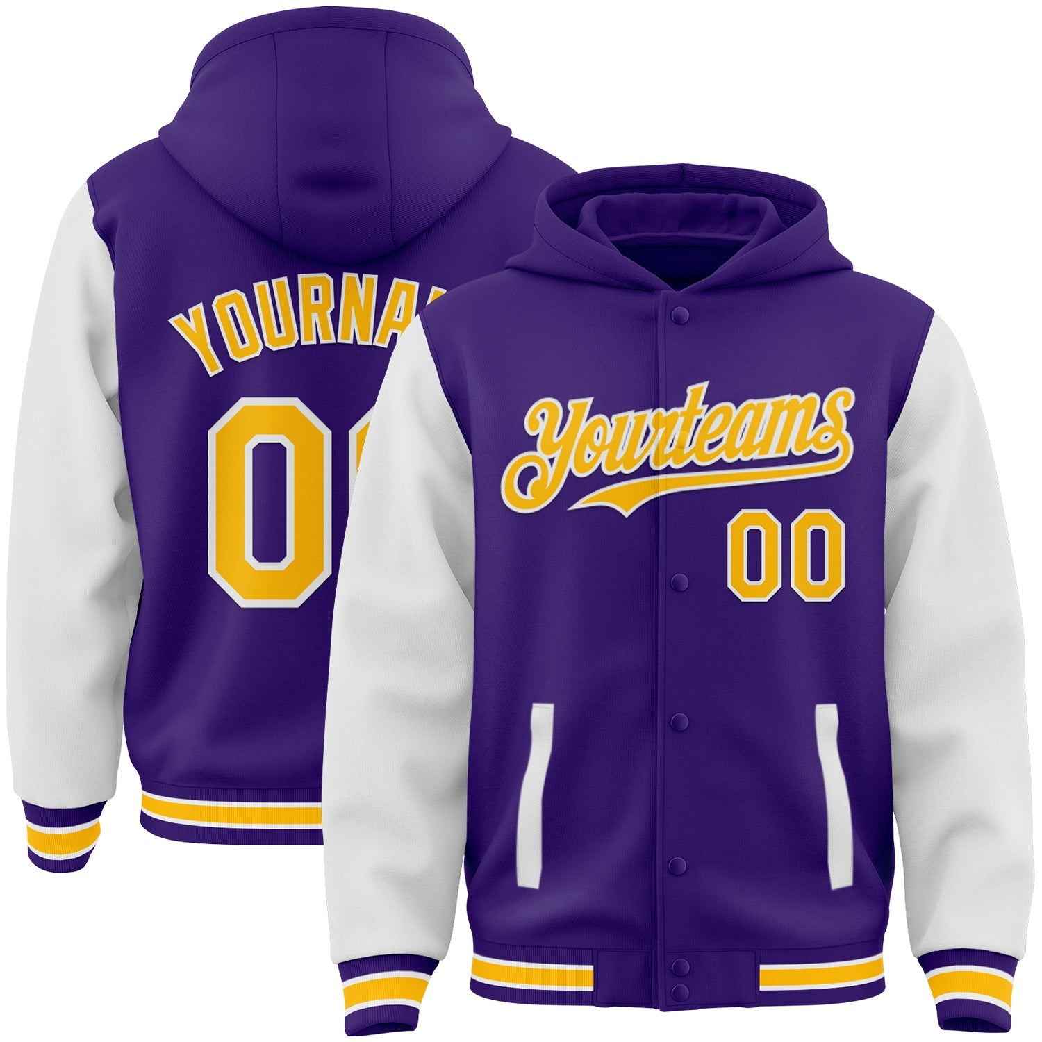 Custom Purple Gold-White Bomber Full-Snap Varsity Letterman Two Tone Hoodie Jacket - Main View