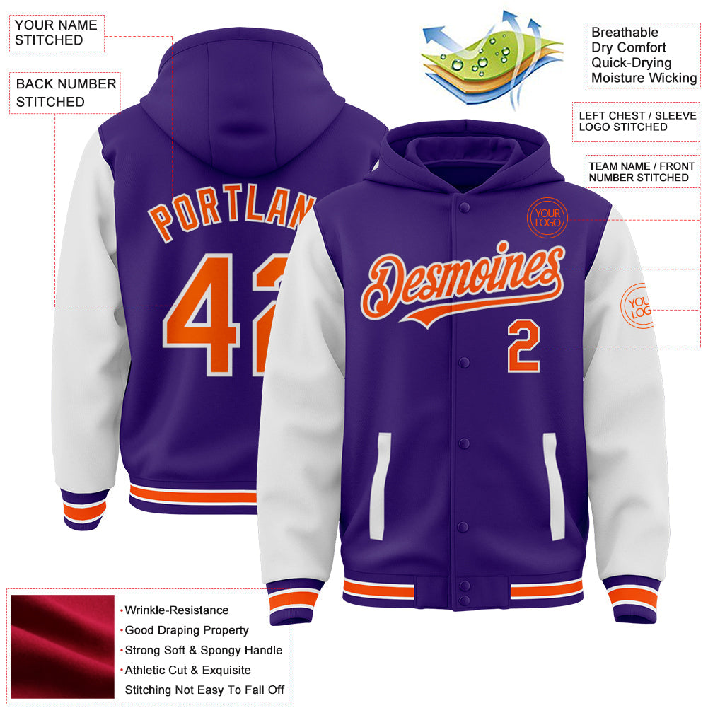 Custom Purple Orange-White Bomber Full-Snap Varsity Letterman Two Tone Hoodie Jacket view 3