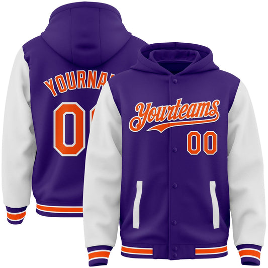 Custom Purple Orange-White Bomber Full-Snap Varsity Letterman Two Tone Hoodie Jacket - Main View