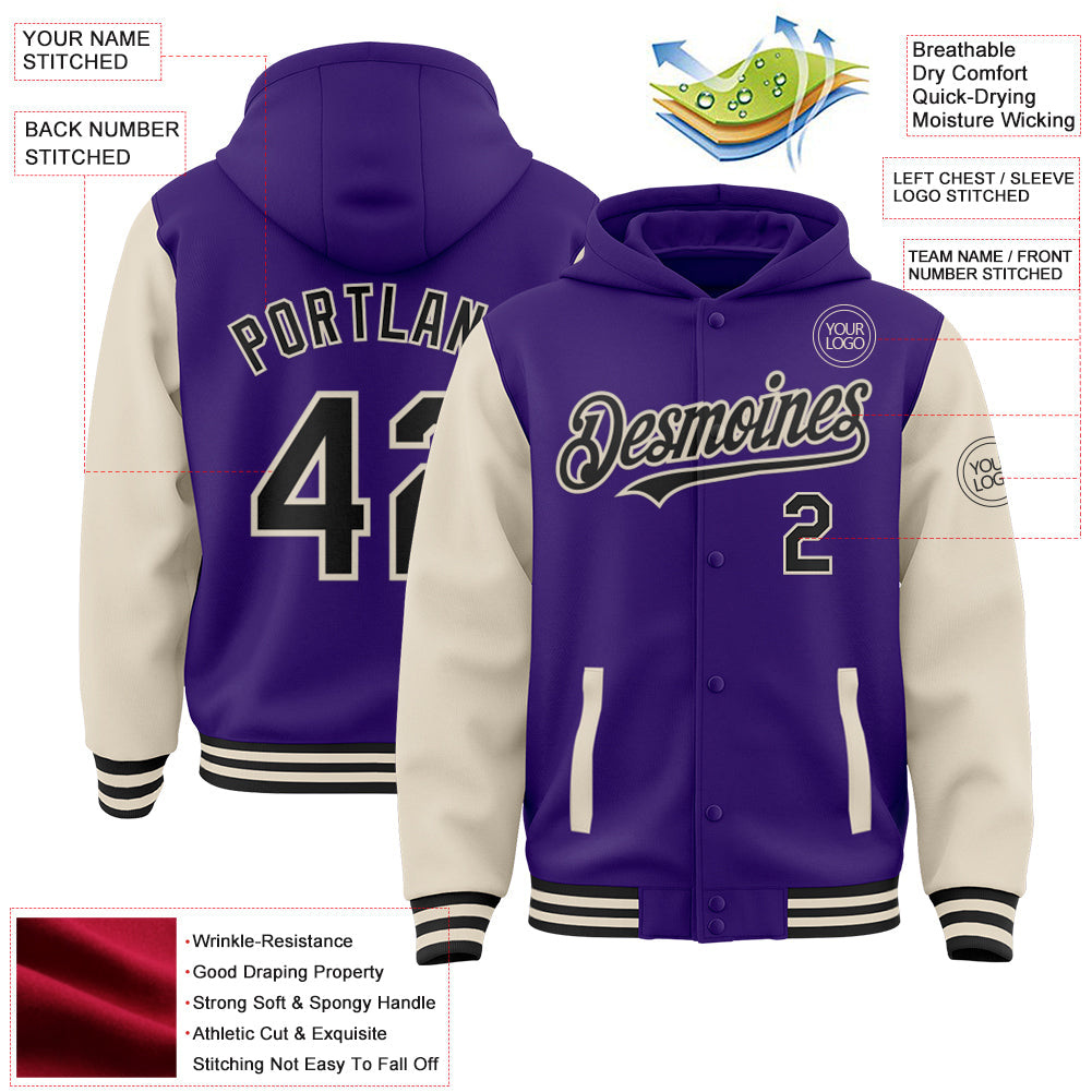 Custom Purple Black-Cream Bomber Full-Snap Varsity Letterman Two Tone Hoodie Jacket view 3