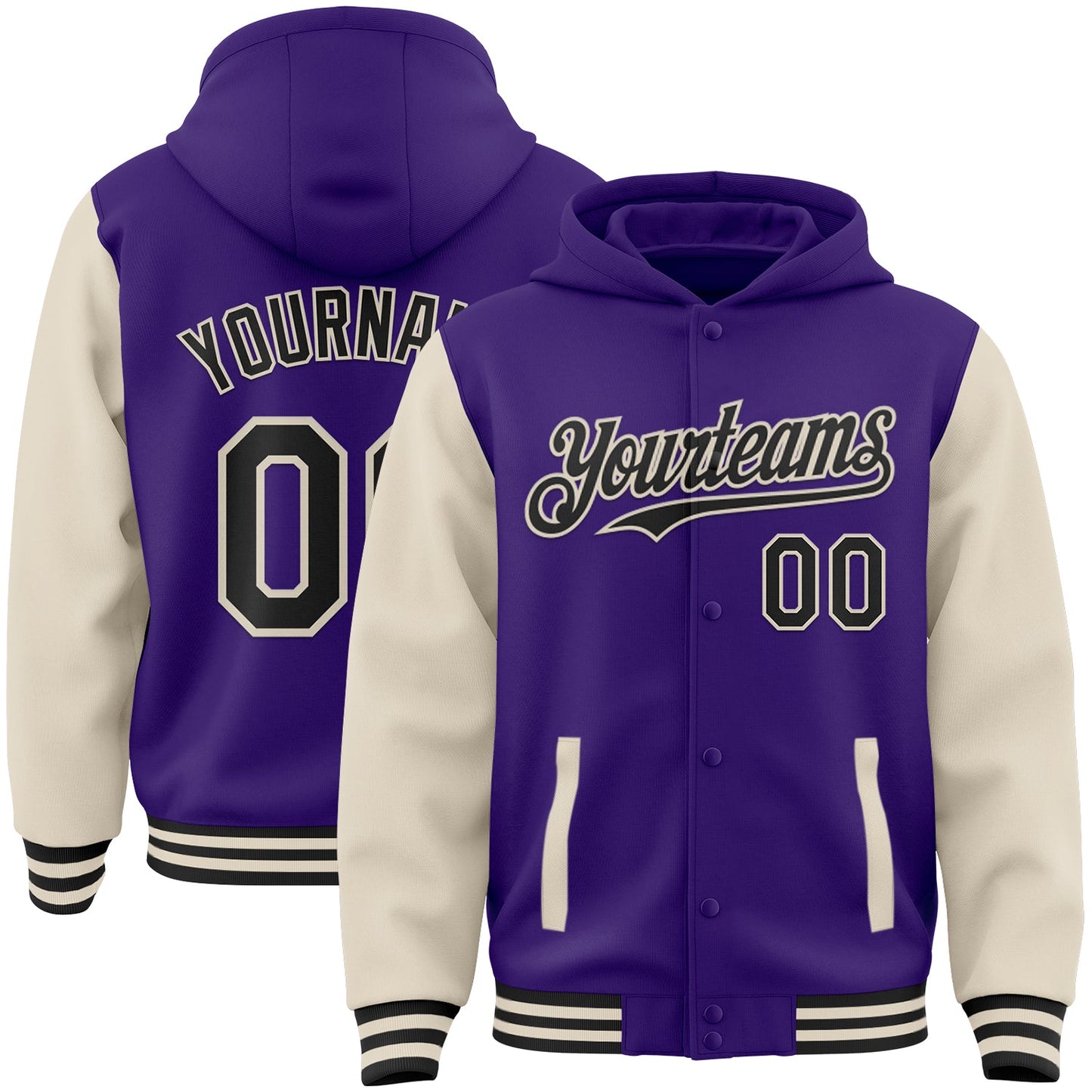 Custom Purple Black-Cream Bomber Full-Snap Varsity Letterman Two Tone Hoodie Jacket - Main View