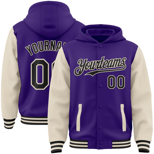 Custom Purple Black-Cream Bomber Full-Snap Varsity Letterman Two Tone Hoodie Jacket - Main View
