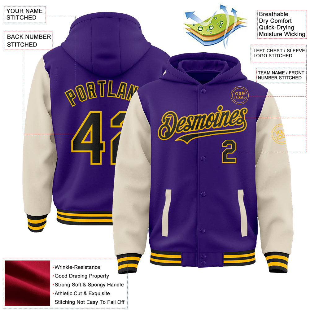 Custom Purple Black Cream-Gold Bomber Full-Snap Varsity Letterman Two Tone Hoodie Jacket view 3