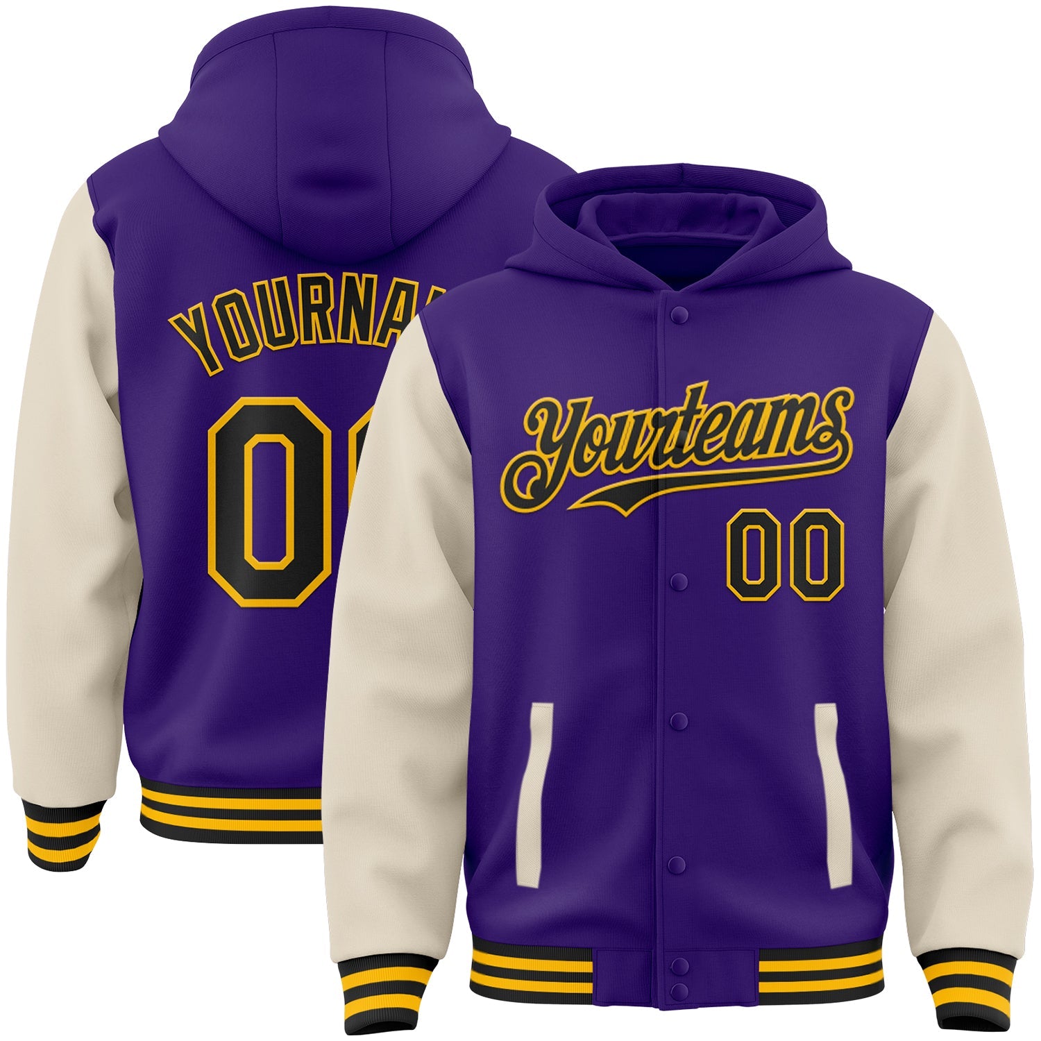 Custom Purple Black Cream-Gold Bomber Full-Snap Varsity Letterman Two Tone Hoodie Jacket - Main View