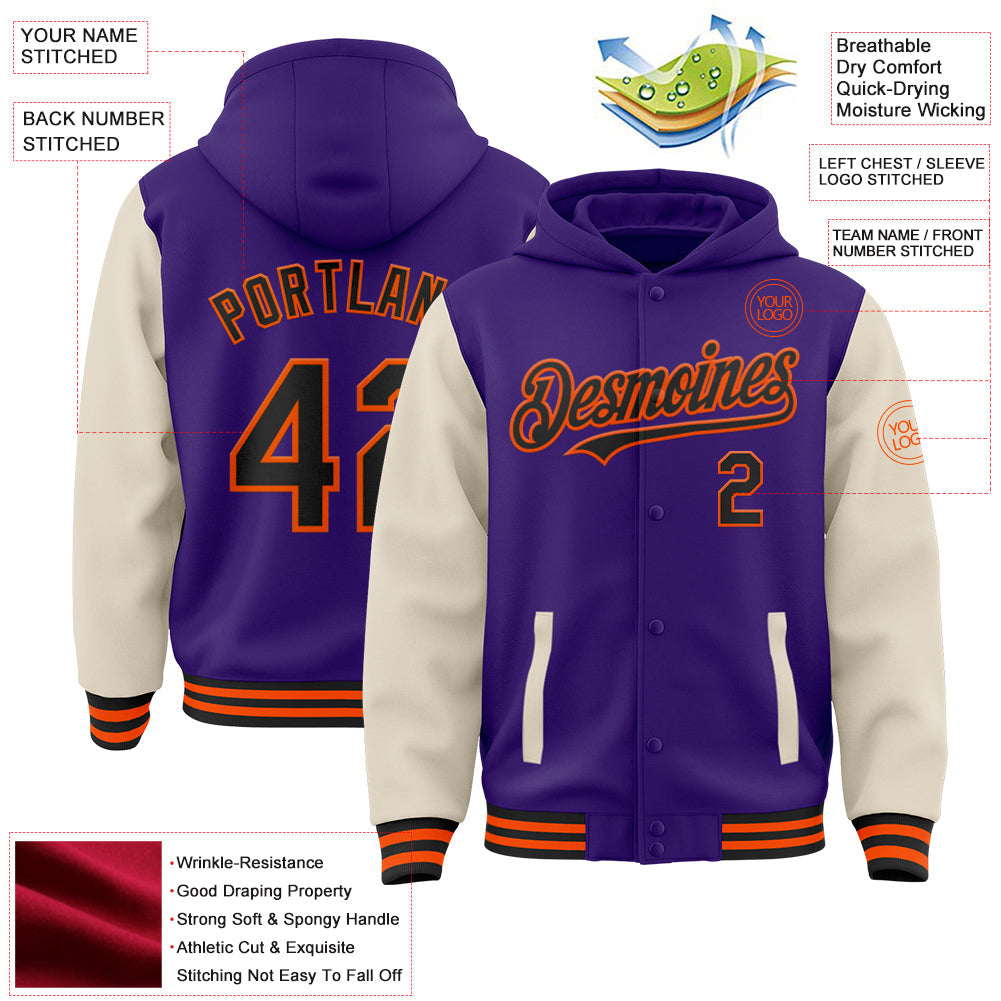 Custom Purple Black Cream-Orange Bomber Full-Snap Varsity Letterman Two Tone Hoodie Jacket view 3