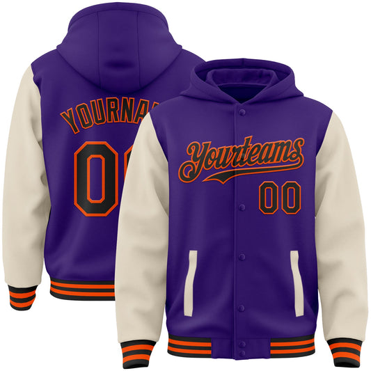 Custom Purple Black Cream-Orange Bomber Full-Snap Varsity Letterman Two Tone Hoodie Jacket - Main View