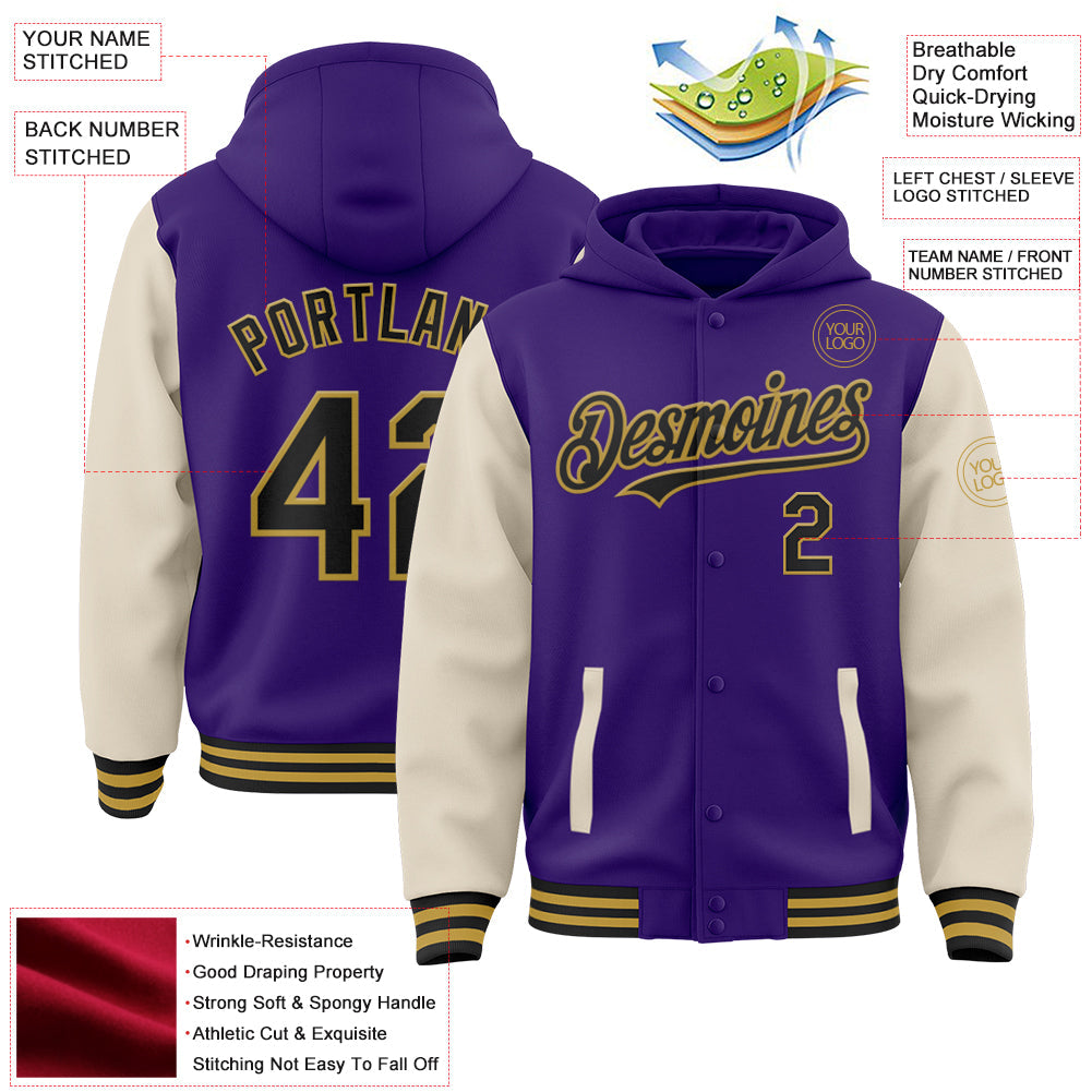Custom Purple Black Cream-Old Gold Bomber Full-Snap Varsity Letterman Two Tone Hoodie Jacket view 3