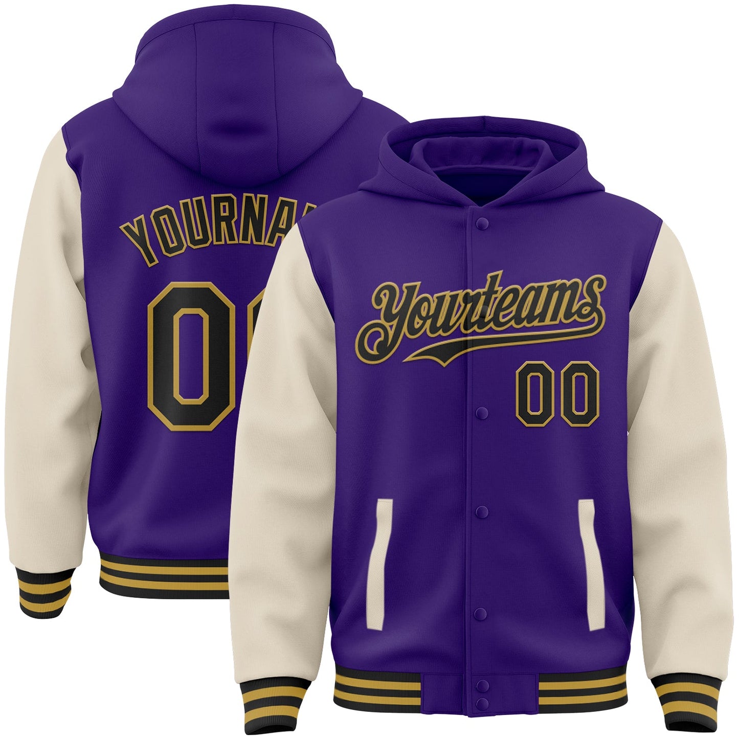 Custom Purple Black Cream-Old Gold Bomber Full-Snap Varsity Letterman Two Tone Hoodie Jacket - Main View