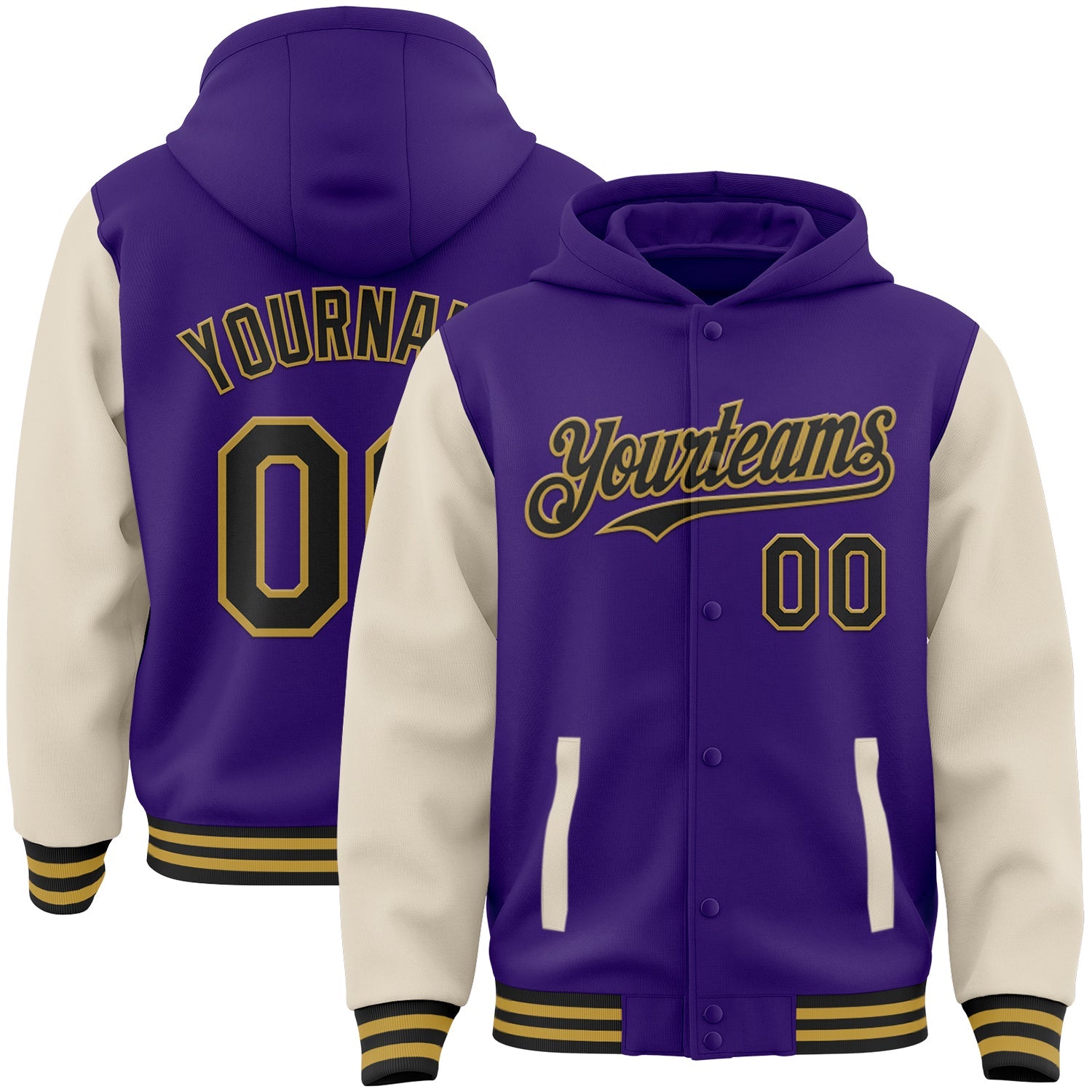 Custom Purple Black Cream-Old Gold Bomber Full-Snap Varsity Letterman Two Tone Hoodie Jacket - Main View