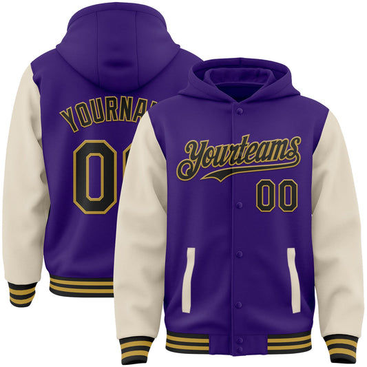 Custom Purple Black Cream-Old Gold Bomber Full-Snap Varsity Letterman Two Tone Hoodie Jacket - Main View