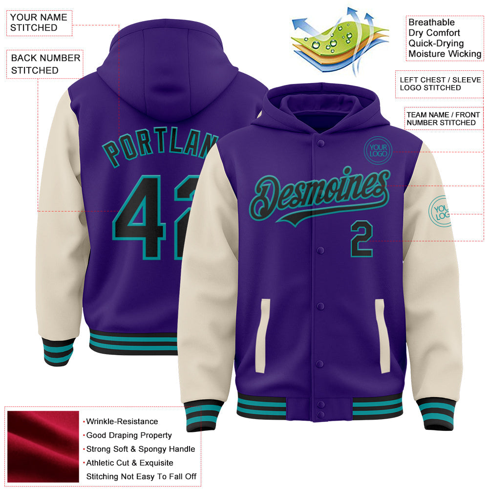 Custom Purple Black Cream-Teal Bomber Full-Snap Varsity Letterman Two Tone Hoodie Jacket view 3