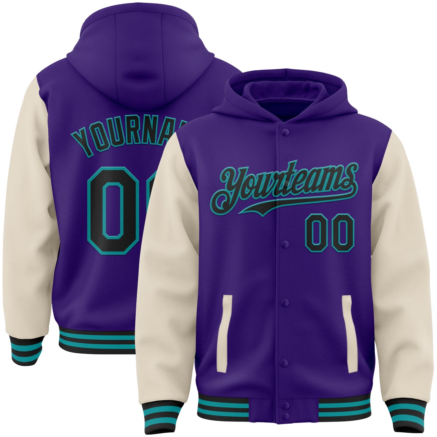 Custom Purple Black Cream-Teal Bomber Full-Snap Varsity Letterman Two Tone Hoodie Jacket - Main View