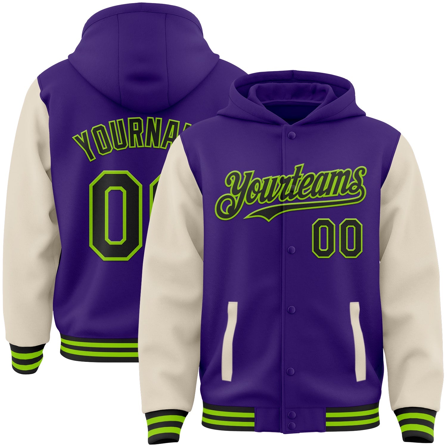 Custom Purple Black Cream-Neon Green Bomber Full-Snap Varsity Letterman Two Tone Hoodie Jacket - Main View