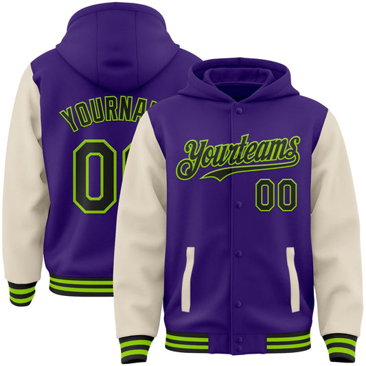 Custom Purple Black Cream-Neon Green Bomber Full-Snap Varsity Letterman Two Tone Hoodie Jacket - Main View