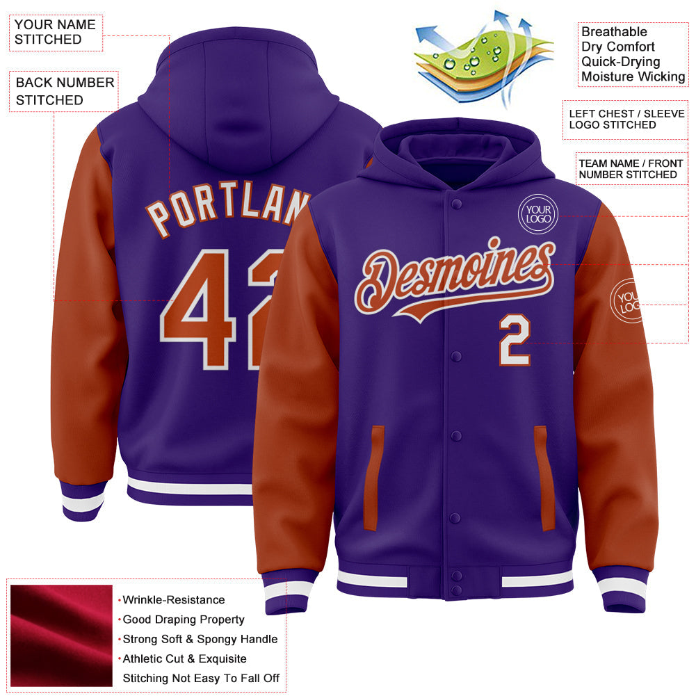 Custom Purple Texas Orange-White Bomber Full-Snap Varsity Letterman Two Tone Hoodie Jacket view 3
