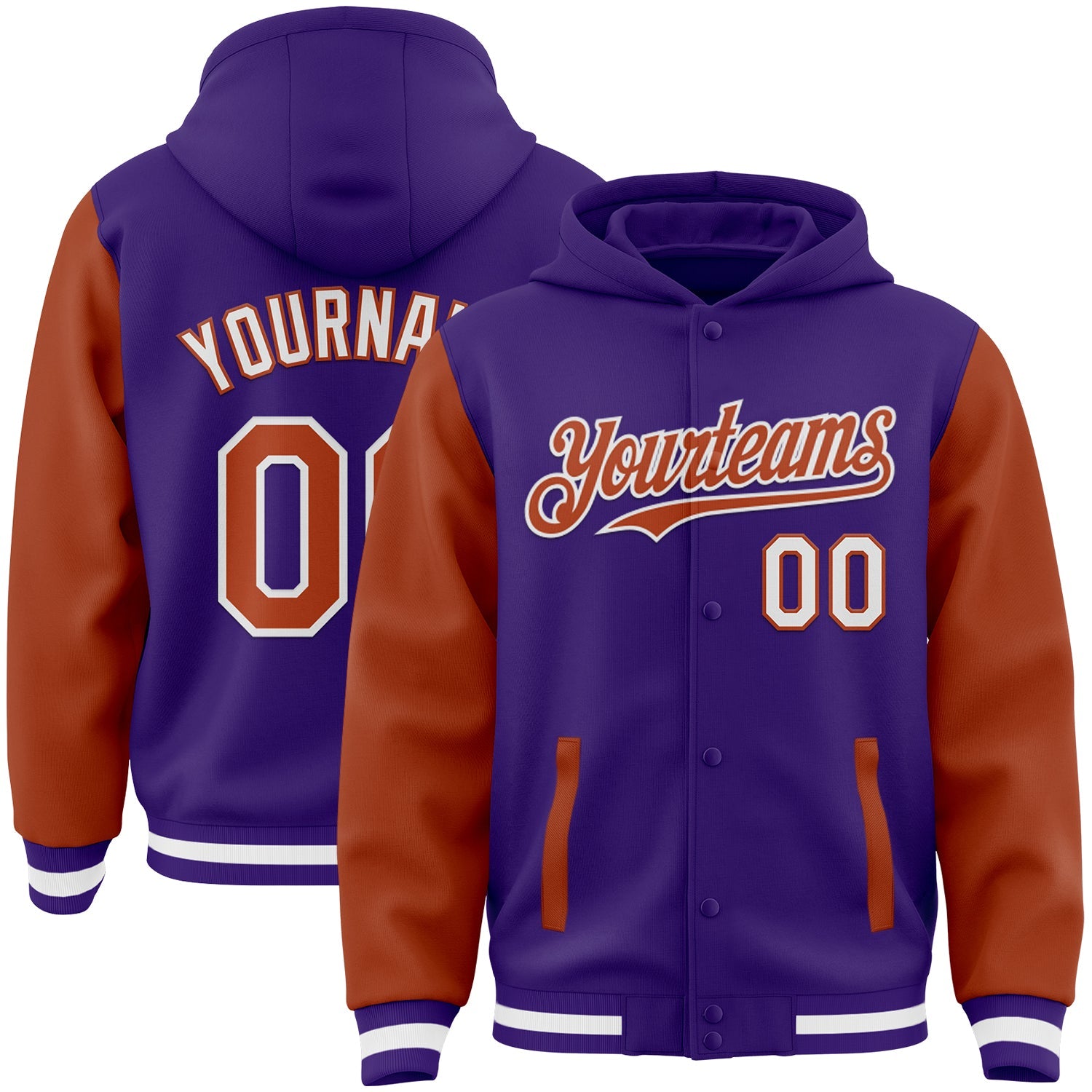 Custom Purple Texas Orange-White Bomber Full-Snap Varsity Letterman Two Tone Hoodie Jacket - Main View