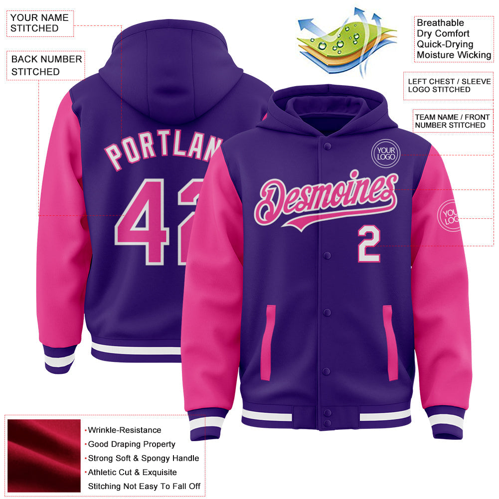 Custom Purple Pink-White Bomber Full-Snap Varsity Letterman Two Tone Hoodie Jacket view 3