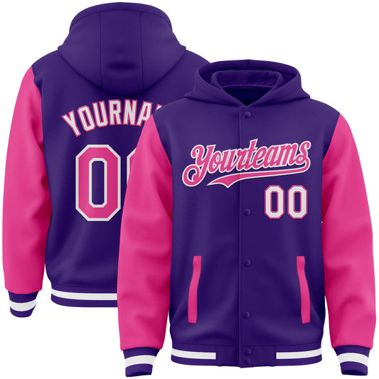Custom Purple Pink-White Bomber Full-Snap Varsity Letterman Two Tone Hoodie Jacket - Main View
