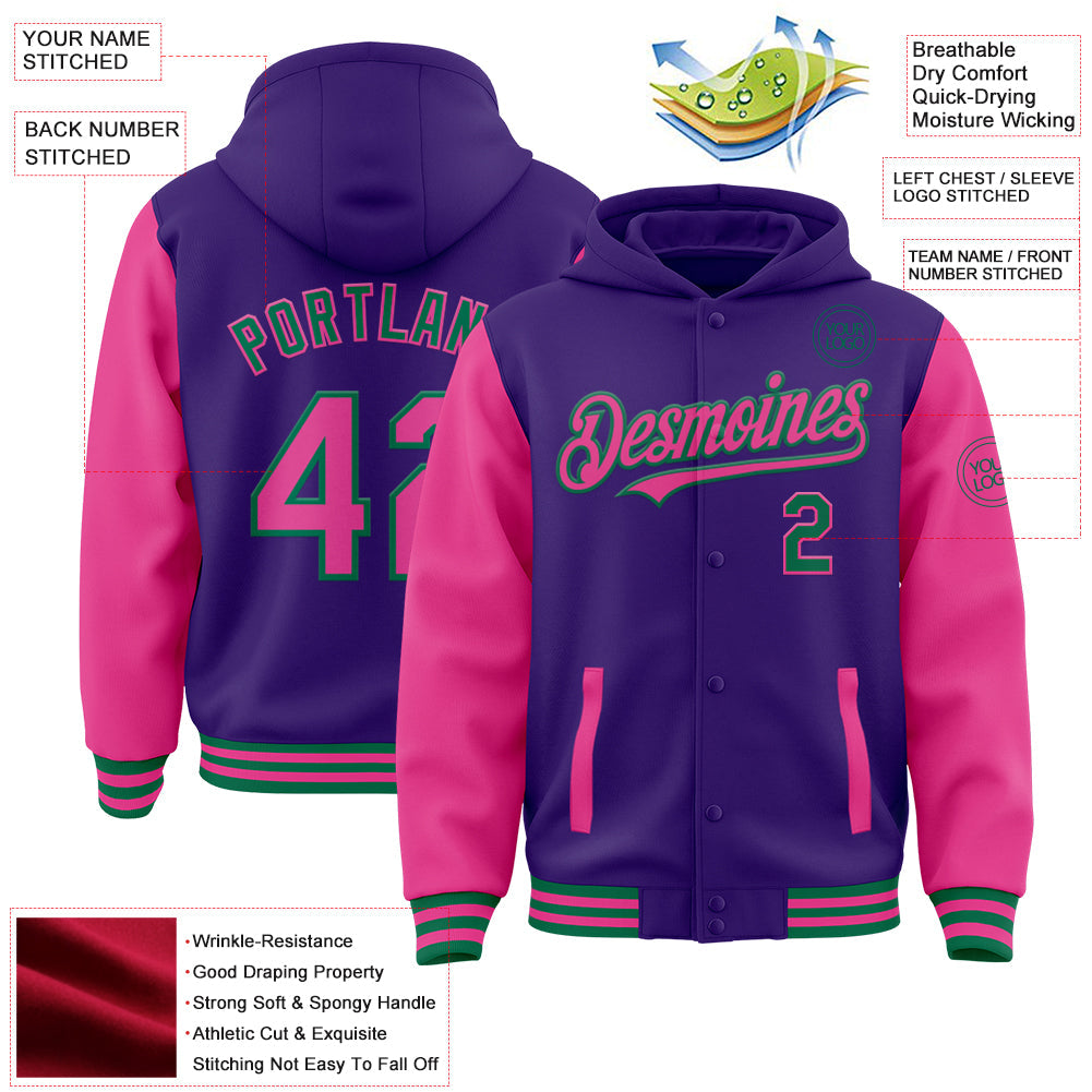 Custom Purple Pink-Kelly Green Bomber Full-Snap Varsity Letterman Two Tone Hoodie Jacket view 3