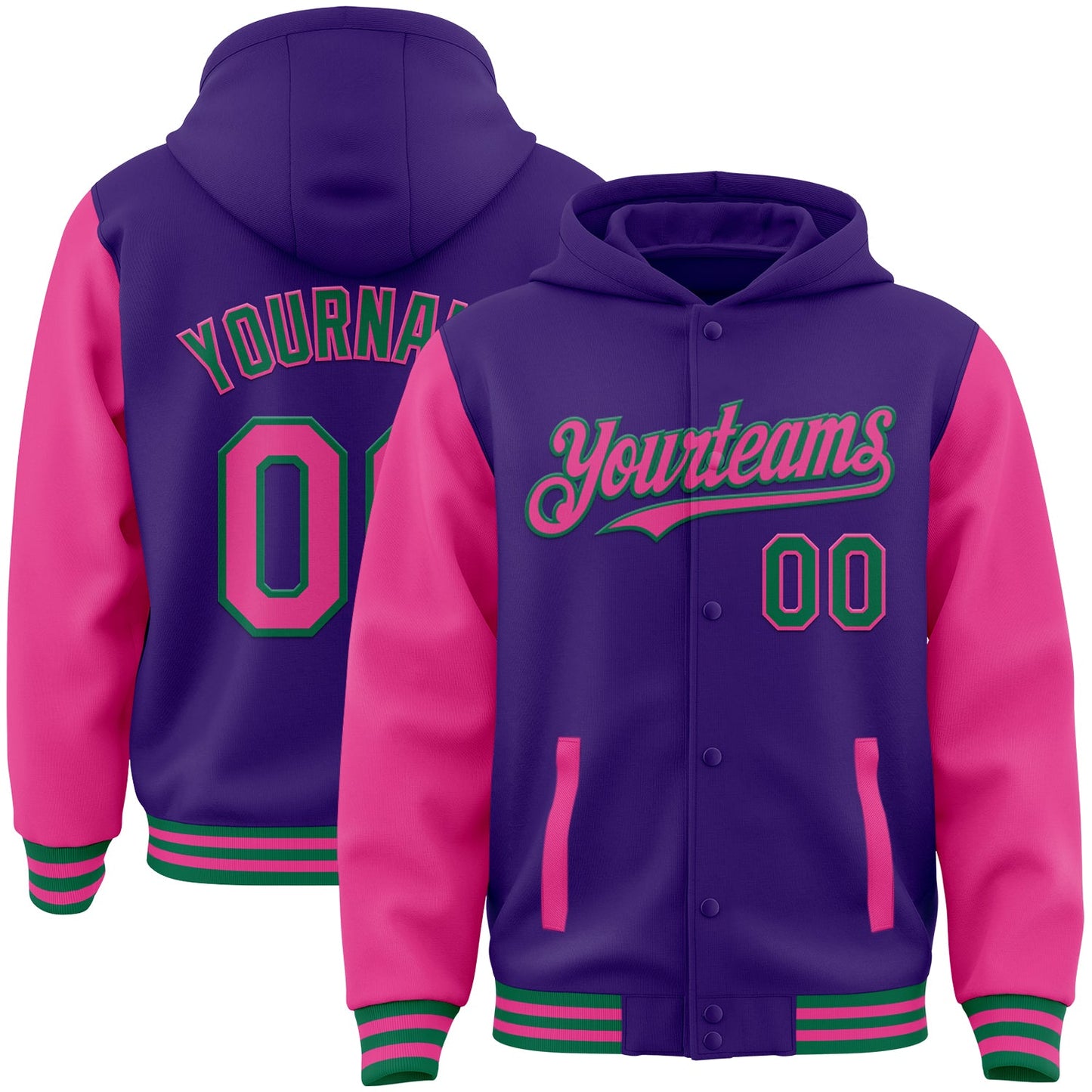 Custom Purple Pink-Kelly Green Bomber Full-Snap Varsity Letterman Two Tone Hoodie Jacket - Main View