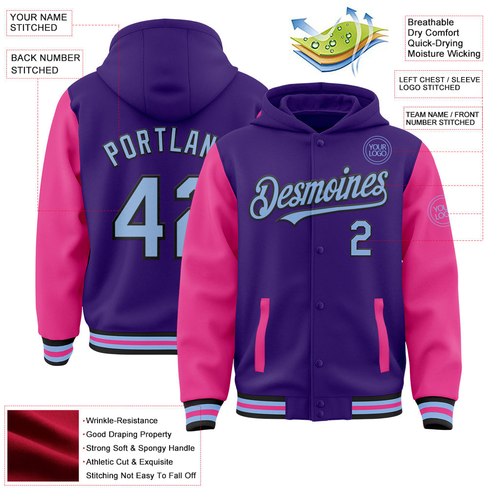 Custom Purple Light Blue Pink-Black Bomber Full-Snap Varsity Letterman Two Tone Hoodie Jacket view 3
