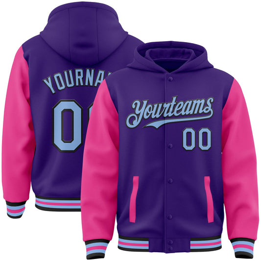 Custom Purple Light Blue Pink-Black Bomber Full-Snap Varsity Letterman Two Tone Hoodie Jacket - Main View