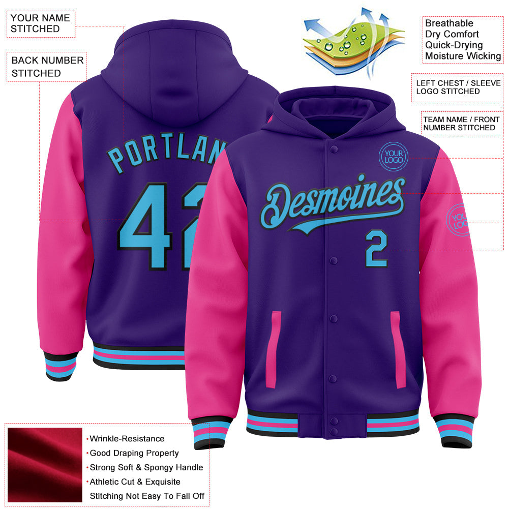Custom Purple Sky Blue Pink-Black Bomber Full-Snap Varsity Letterman Two Tone Hoodie Jacket view 3