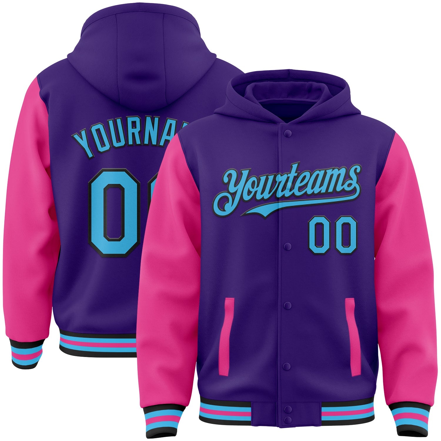 Custom Purple Sky Blue Pink-Black Bomber Full-Snap Varsity Letterman Two Tone Hoodie Jacket - Main View