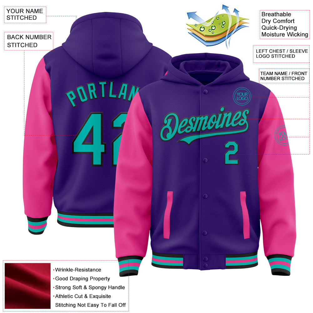 Custom Purple Aqua Pink-Black Bomber Full-Snap Varsity Letterman Two Tone Hoodie Jacket view 3